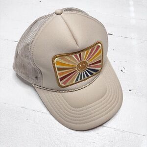 Friday Feelin’ Rays of Happy Trucker Hat Mesh Back Tan Sunshine EUC